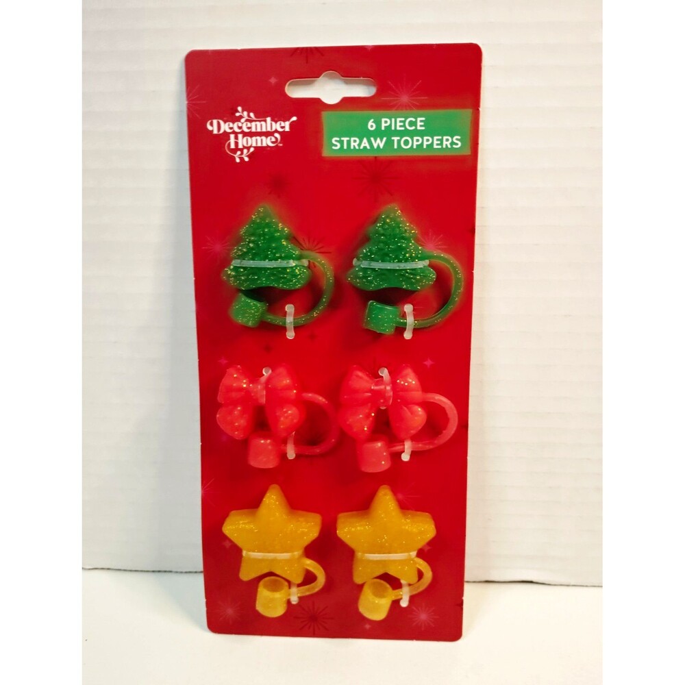 December Home 6pc Holiday/Christmas Plastic Straw Toppers Tree Bow Star